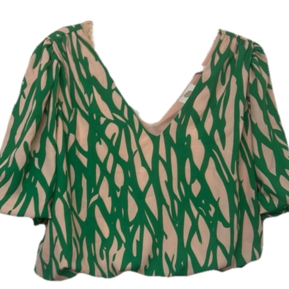 Pink Green Top Satin Size Large Ruffle Sleeves Crop Top NWOT If She Loves
